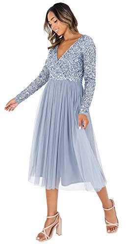 Maya Deluxe Women's Ladies Wedding Guest Midi Dress Long Sleeve Plunging Neckline V Neck Sequin Embellished Graduation Bridesmaid, Dusty Blue, 6