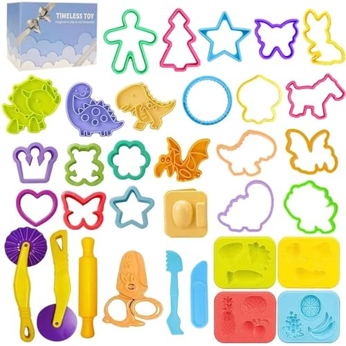 Dough Tools Play for Kids-Dough Accessories Molds Dinosaur Fruit Roller Cutter Scissor and Storage Box, Party Favors Set for Age 3+