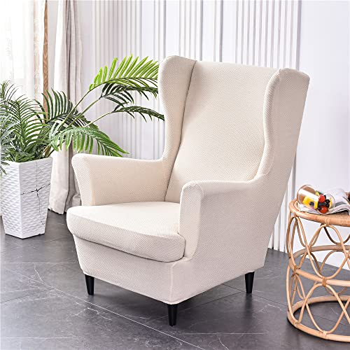 Highdi 2 Teilig Ohrensessel Überzug, Sessel-Überwürfe Ohrensessel Schonbezüge Bezug Sesselhusse Elastisch Stretch Tiger Stuhlbezug mit Armlehne Hohe Rückenlehne Universal (beige gestrickt)