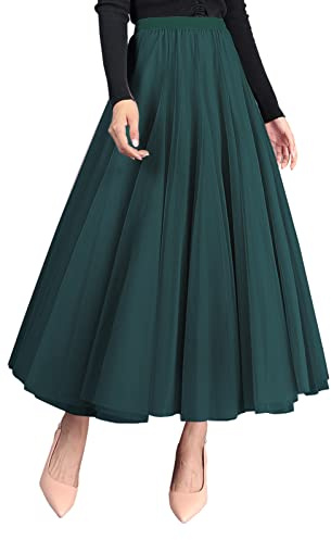 FEOYA Women's High Waist Tulle Skirt Dance Date Casual Elegant Vintage Petticoat A-Line Long Maxi Skirt Olive Green New