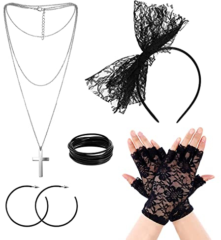 VIKSAUN 80er Jahre Retro Party Kostüm Set, 80er Jahre Prom Party Accessoires, Spitze Stirnband Ohrringe Fischnetz Handschuhe Halskette Armband, Mottoparty Cosplay Dekoration Party Favors