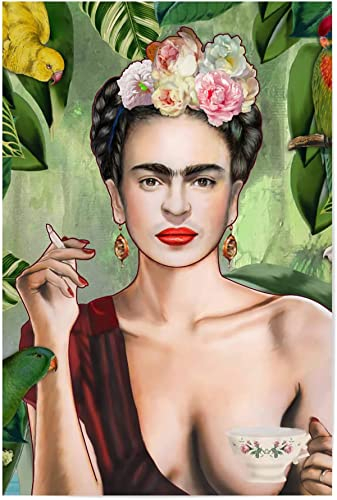 Frida Kahlo Lifting a coffee cup and smoking Poster Print Wall Decor Print On Canvas Wall Art Artwork Canvas Painting Home Decor Picture For Living Room Bedroom Frameless,50 x 70 cm