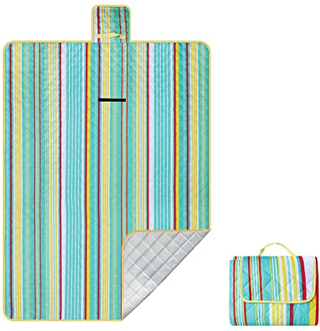 Outplea 3 Lagen Picknickdecke Wasserdicht 200 * 150cm, Extra groß Strandmatte Campingdecke Gepolstert Faltbar, Outdoor Travel Mat Picnic Blanket, Streifen