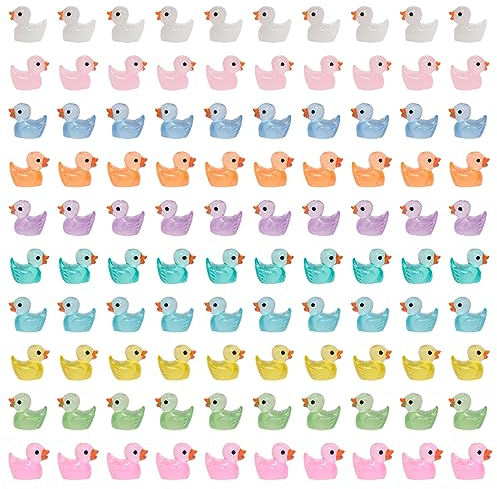 Ruikdly Mini Enten Leuchtend Mini Enten 100 Stück Mini Harzente Ente Bunte Kleine Enten Mini Ducks für Aquarium Miniaturgarten Puppenhaus Handwerk Topfdekorationen zum Selbermachen
