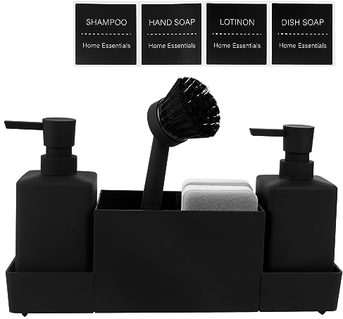 CAUTIOUS Soporte Estropajo Fregadero Organizador Sink Caddy Soporte con 350ML Dispensador de Jabón con Esponja y Cepillo Organizador Fregadero Set Multifuncional para Guardar Jabón (Negro)