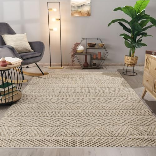 TT Home Wohnzimmer Teppich Esszimmer Kurzflor Modern Skandinavisch Boho Design Unifarben Geometrische Optik 3D, Farbe:Creme, Größe:160x220 cm
