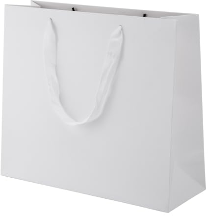 Ronvir 25 Stück Papier Geschenktüten mit Henkel 32x11x28 cm, Groß 250gsm Papiertüten für Hochzeit, Party, Geburtstag, Feiern, Muttertag, Vatertag, Kindertag, Taufe, Danke - Weiß