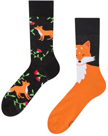 Dedoles Socken Unisex Damen Herren & Kinder Baumwolle viele lustige Designs 1 Paar Geschenk links rechts verschieden, Farbe Schwarz, Motiv Fuchs und Blüten, Gr. 39-42