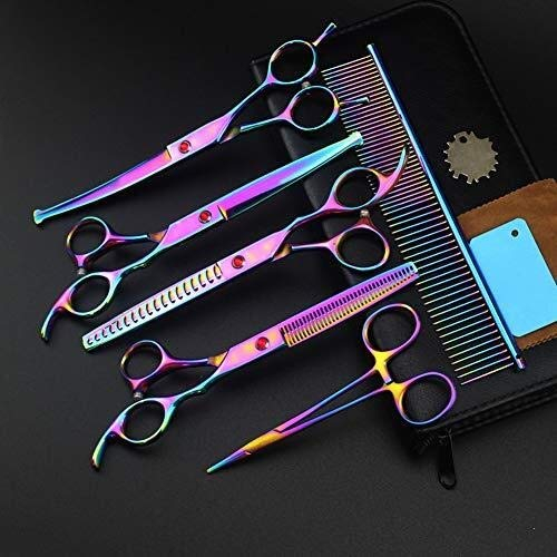 QUNINE Fellschere für Hunde, Katzen, Haustiere, Hundepflegescheren-Set, Hunde, gerade, dünner werdend, gebogen, professionelles Friseurscheren-Set, Regenbogenfarbe