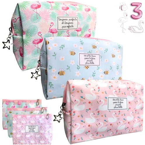 Set de 3 Trousses de Toilette ou Maquillage - Pochettes de Voyage ou Rangement - Trousses pour Femmes Filles (3 Trousses: Grande 23x16x9cm + Moyenne 19x14x7cm + Petite 11x10x1cm) Motif Animaux
