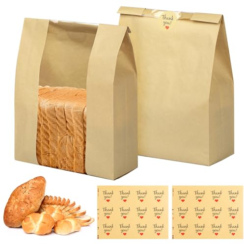 Lot de 24 sacs à pain en papier pour pain fait maison avec autocollants de remerciement, grands sacs à pain avec fenêtre transparente pour stockage des aliments cuits au four (34,8 x 20,8 x 8,9 cm)