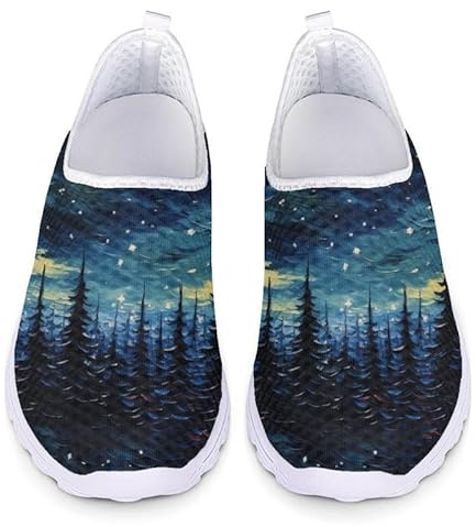 Kuiaobaty Damen Turnschuhe Mesh Laufen Slip on Tier Malerei Schädel Pflege Walking Sneakers Bequeme Frühling Flach Reise Schuh, Malen Sternenhimmel Nacht Baum, 43.5 EU