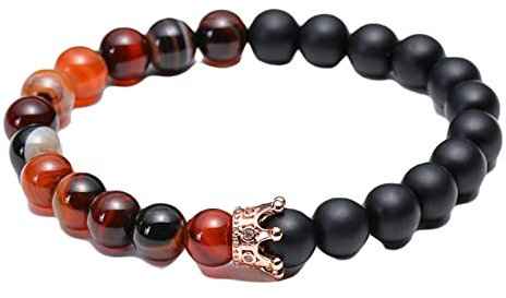 OwKay Herren-Armband, Perlen, 8 mm, Steinarmband mit Zirkonia, Totenkopf, verstellbar, elastisch, 19 cm, A