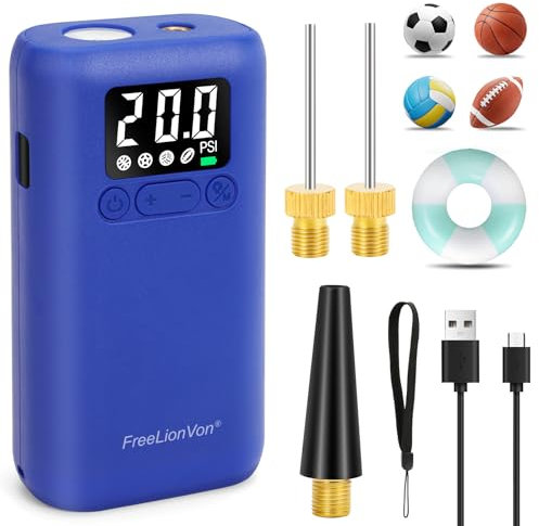 FreeLionVon Electric Ball Pump,Automatic shutdown function,with Pressure LCD Display (Max 20PSI) and LED Torch,Ball Needle*2 and Nozzle*1 for football, basketball, volleyball,soccerball,swimming ring