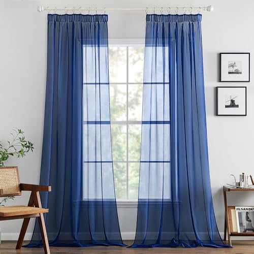 MIULEE Gardinen Vorhänge mit Kräuselband Vorhang Transparente Gardine aus Einfarbig Transparent Sheer Voile Wohnzimmer Luftig Dekoschal für Schlafzimmer 2er Set 260 x 140cm (H x B) Dunkelblau