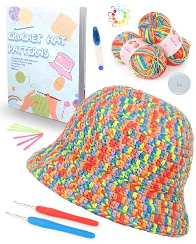 Katech Häkelset für Hut, 23 Stück Häkelnadel Set mit Bebilderter mit Schritt für Schritt Englisch Anleitung und Häkelzubehör, Hut Häkelnadeln Set für Anfänger mit Wolle zum Häkeln, Strickset