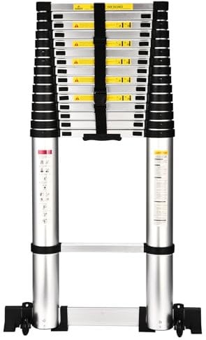 HBTower Teleskopleiter 6,3 m mit Stabilisator, Klappbare Profi-Ausziehleiter aus Aluminium mit Rutschfesten Füßen, Extra Hoch & Stabil, Tragkraft 150 kg, Ideal für Handwerker & Fassadenarbeiten