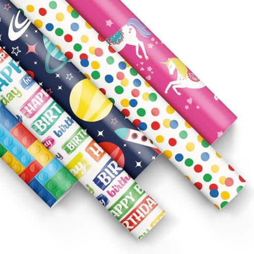 PAW - Geschenkpapier 200x70cm - 50 Rollen | Mix aus 5 Motiven | Fröhlich Papierrolle für Geburtstage, Hochzeiten, Babypartys, Partys und Geschenke - Farbenfrohe Muster