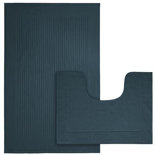 Olivia Rocco Monaco 2 Piece Bath Mat & Pedestal Set, Super Soft Cotton Non Slip Bathroom Set Water Absorbent Bathmats for Bathroom Floor Quick Dry Bath Rug Foot Mat, Slate Blue