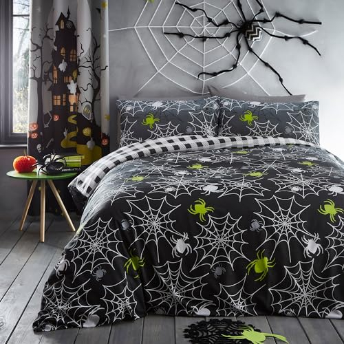 Bedlam - Halloween Spinnen Bettwäsche - Einzelbett (140 x 200cm) - Wende-Design (2 Motive) - Schwarz Karo - Leuchtet im Dunkeln - Spinnweben Bettwäsche in Grau - Perfekt für Halloween Dekoration