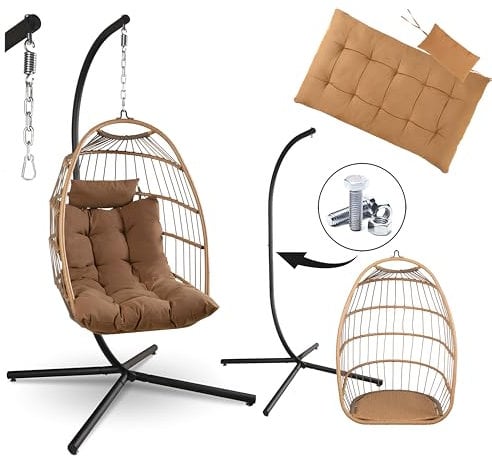 SereneLife Silla Huevo Colgante, con Soporte, Columpio, Estructura de Mimbre y Acero, Capacidad de hasta 250kgs