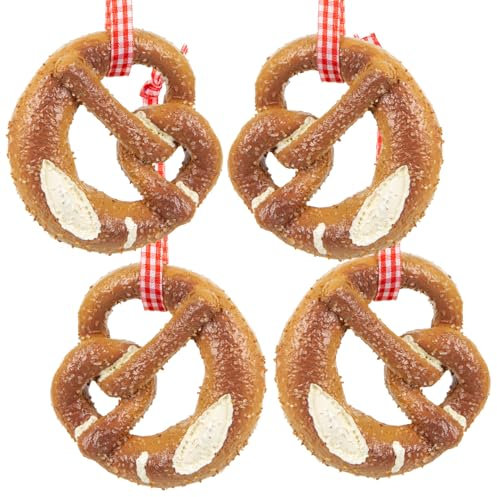 Logbuch-Verlag 4 Brezel Imitate künstliche Brezen mit rot-weißem Band Bayern Oktoberfest Deko zum Aufhängen 7,5 x 7 cm