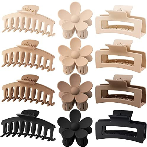 Große Haarklemmen 12 Stück Blumen-Haarklemmen für dickes Haar große Haarklemmen niedliche Haarklemmen 3 Stile Haarklemmen für dünnes Haar Frauen (Schwarz, Kaffee, Khaki, Beige)