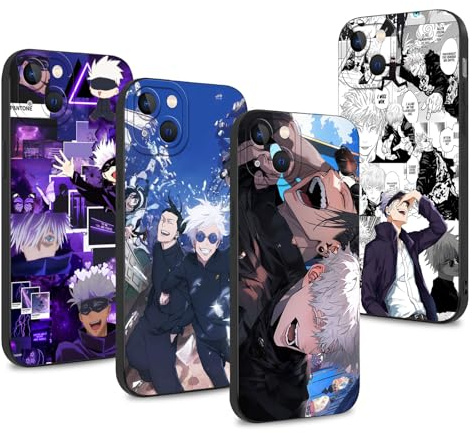 LunarDrift 4 Stück Handyhülle für iPhone 13 Hülle 6.1'', Anime Motiv Gojo Satoru Itadori Yuji Manga Muster Schutzhülle Jungs Case Schutz der Linse Design Silikon TPU Cover Stoßfest, Schwarz2