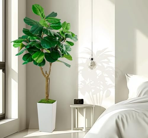 SJSCYD Fiddle Leaf Fig Tree, 6ft Artificial Tree with White Tall Planter, Large Faux Plants Indoor, Fake Fig Tree in Pot for Home Office Bedroom Living Room Decor Garden Outdoor Housewarming Gift