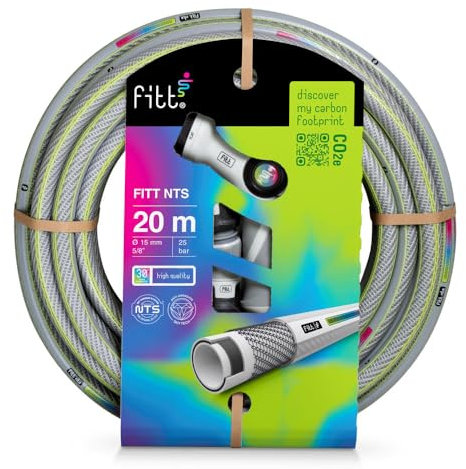 FITT NTS GREY 5/8 (15 mm) 20 m Kit - Robuster und Flexibler Gartenschlauch für eine Intensive Nutzung, mit Multijet-Gießpistole und Kupplungen