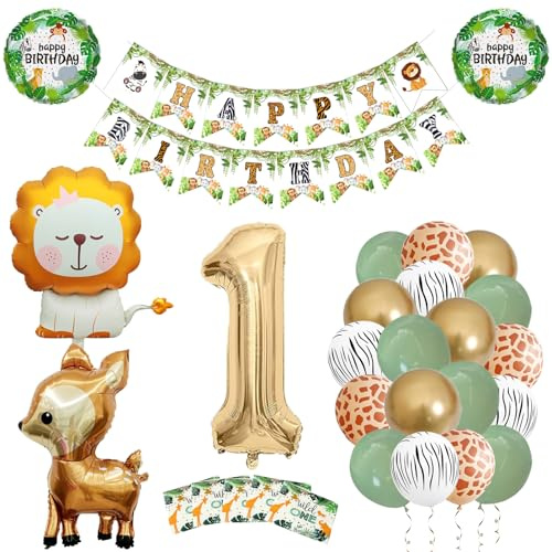 Dschungel Geburtstagsdeko Jungen 1 jahr Geburtstag Deko Gold Number Luftballons 1. Geburtstag Junge Kindergeburtstag Deko 1. Zahlen Ballons mit 20 Stück Wild one Servietten
