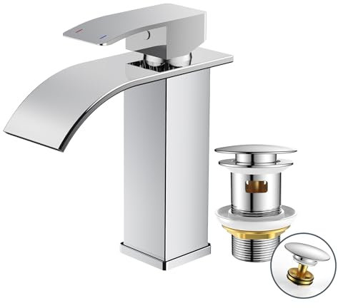 FORIOUS Wasserhahn Bad mit Ablaufgarnitur,Wasserfall Waschtischarmatur Einhandmischer Armatur Waschbecken mit Auslauf Höhe 110 MM,Wassersparend, Energiesparend,Chrom