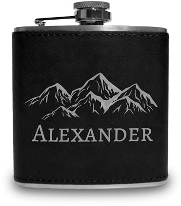 Flachmann personalisiert mit Gravur - Berge Design mit deinem Namen - Edelstahl mit Kunstleder - Geschenk für Männer - Outdoor & Camping - Schwarzes Kunstleder