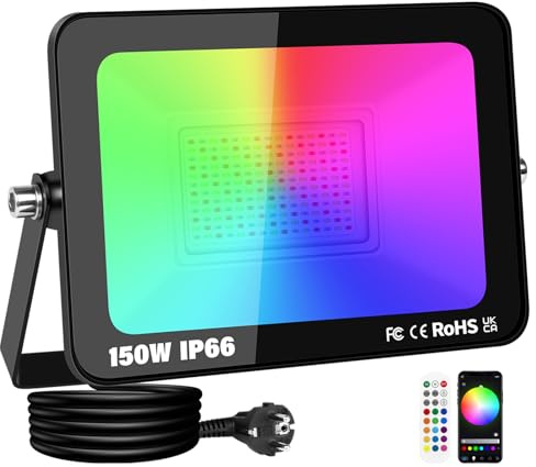RIGIDON 150W Faretto Led RGB Smart, 15000LM Faretti Led a Colori con Spina | Proiettore Faro RGBW con APP telecomando, Dimmerabile, Musicale e Timer, Strobo, IP66 Impermeabile per Giardino Palco Partito