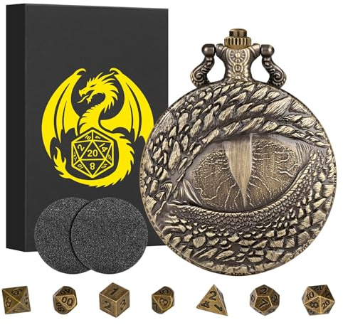 Mini DND Würfel Set, mit Steampunk Drachenauge Taschenuhrgehäuse, 7-teilige Polyedrische Metall D&D Würfel, DND Geschenke mit Geschenk Box, RPG, MTG, Rollenspiele-Brettspielzubehör Würfel, Bronze