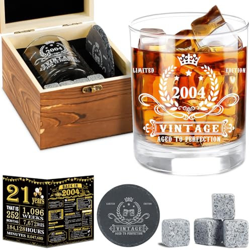Amosking 21st Birthday Gifts for Men,Vintage 2004 Whiskey Glass Set,21st Birthday Decorations for Men, Him, Boyfriend Wood Box & Whiskey Stones & 2004 Poster Anniversary Card & Coaster