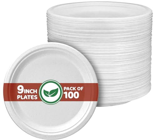Disposable Paper Plate 9 Inch Heavy Duty Strong Bagasse Compostable Eco-Friendly Natural Sugarcane Fibers Round Plates for Hot & Cold Food Catering BirthdayDinner Party Office Picnic BBQs 50 Plates