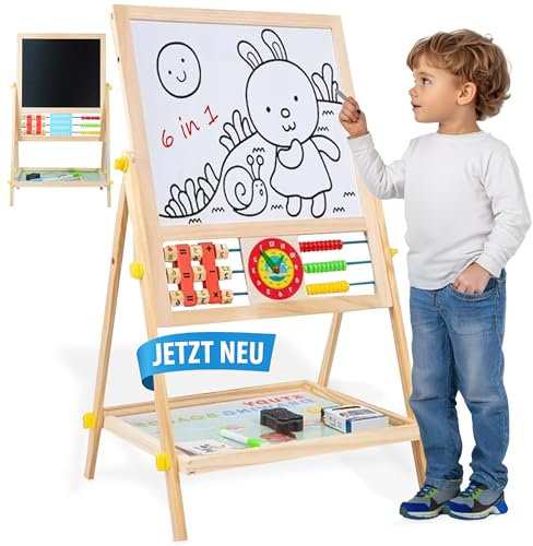Unique Nature Montessori Board - Holztafel 6 in 1 – Magnetkreide Tafel für Kinder, Doppelseitig, Höhenverstellbar, Kreativitätsfördernd, Ideal für Lernen, Malen & Zählen, 1-6 Jahre