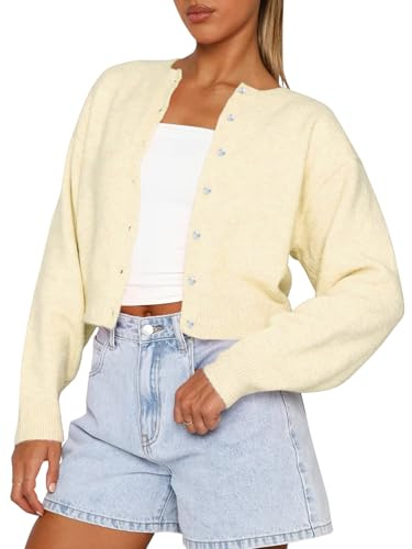 Balimtoy Women's Cropped Cardigan Sweaters Long Sleeve Button Down Sweaters Knit Cardigan Cute Y2k Open Front Crop Top, Pastel Yellow, Medium