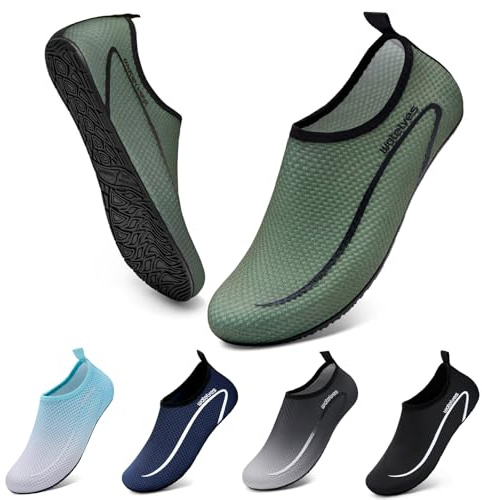 Swim Water Shoes Aqua Socks Barefoot for Sea Beach Swimming Shoes Pool Ladies Women Mens Line Army Green 3.5/4 UK