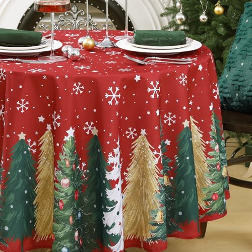 FIBORIA Weihnachtstischdecke rund 160 cm abwaschbare Rote Tischdecke mit Weihnachtsbaum & goldenen Schneeflocken Tischtuch Klein Table Cloth für Christmas,Winter,Silvester,Festliche Weihnachtsdeko