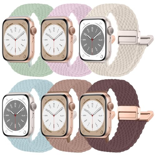 chinbersky 6 Stück Geflochtenes Armband Kompatibel mit Apple Watch Armband 40mm 41mm 42mm 38mm Damen Herren, Magnetisch Elastisch Stoff Sport Nylon Band für iWatch Series 11 10 9 8 7 6 5 4 3 2 1 SE