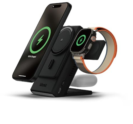 Vinnic AELLO Peak 3-in-1 Kabelloses Ladedock mit MagSafe kompatibler Powerbank, 5000mAh, für iPhone, Apple Watch, AirPods, Faltbar, 15W Schnellladung, Schwarz