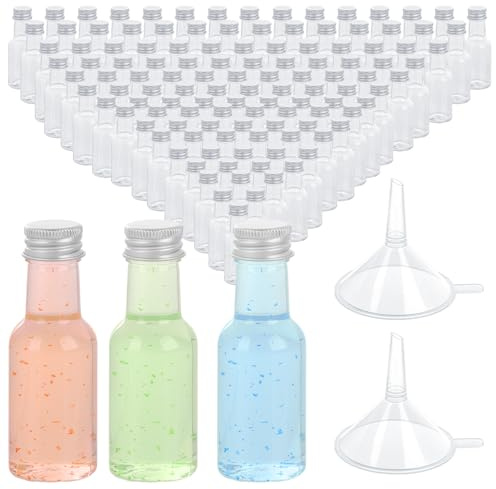 DAJAVE 100 Pack Mini Shot Bottles with Lids 25ml Miniature Alcohol Bottles, Reusable Small Plastic Bottle Empty Mini Bottle for Wedding Favour, Party - with Funnels