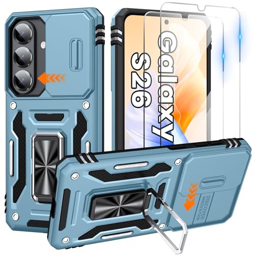 for Samsung Galaxy S26 Case with 2 PCS HD Screen Protector, Slide Camera Cover Military Grade Drop 360° Rotating Ring Kickstand, Shockproof Heavy Duty Protection for Samsung S26 Case, Light Blue