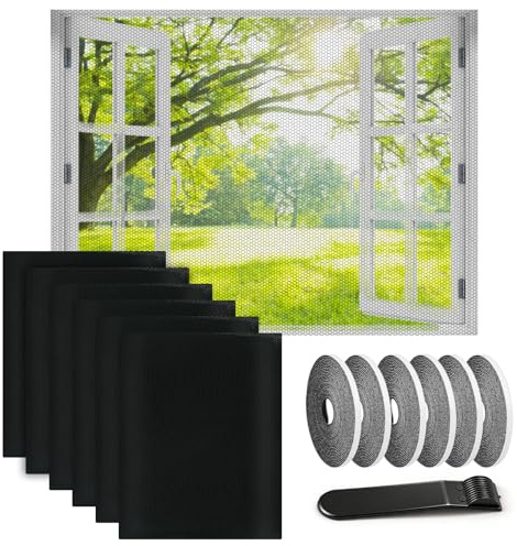 6 Stück Fliegengitter Fenster 130 x 150cm, Insektenschutz Fenster mit 4 Rollen Selbstklebend, Moskitonetz Fenster, Fliegengitter Netz, Hält Käfer/Fliegen/Mücken Drauße