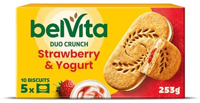 Belvita Duo Crunch Strawberry & Yogurt Biscuit Snacks, 253 g (Pack of 18) | Crunchy & Creamy, Wholegrain, Vegetarian-Friendly, High in Calcium & Magnesium, Nutritious Multipack, 180 Total Biscuits