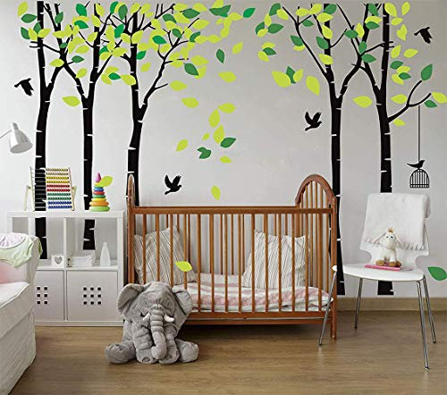 Luckkyy Grande Famille de cinq arbres Stickers muraux avec oiseaux et cage à oiseaux mural Bâtons Salon Art Décoration Five-black