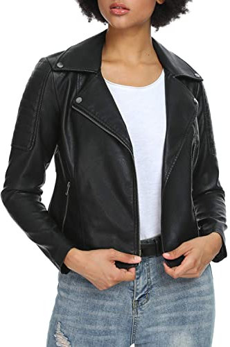 Fahsyee Giacche da donna in finta pelle, con cerniera, corto, in poliuretano, per motociclista, 104-nero, Small