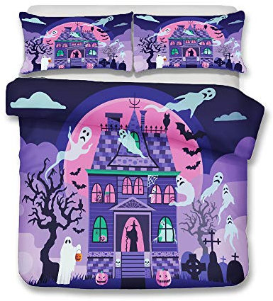 Set Copripiumino in Morbido Microfibra, Morbuy Biancheria da Letto Stampata con Halloween Elementi, Parure Copripiumino per Doppio/Singolo Letto (220x260cm,Castello Viola)